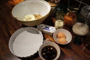 Ingredients for boozy prune clafoutis