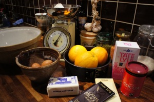 Ingredients for chocolate and garlic, er, no… chocolate and orange marble cake